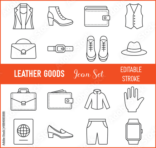 Leather goods icon set isolated on a white background, Editable stroke vector. EPS-10.