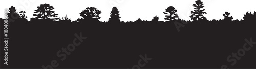 Diverse forest trees and vegetation silhouette border above dark ground landscape vector