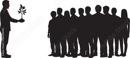 Man holding plant giving to group vector silhouette illustration line art