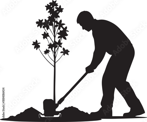 Man planting young sapling in soil earth digging hole with shovel creating new growth vector silhouette illustration line art
