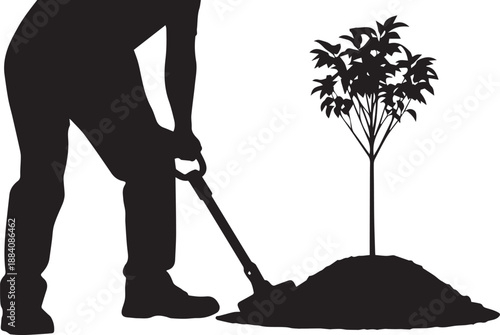 Person planting tree vector silhouette illustration line art new life growth project
