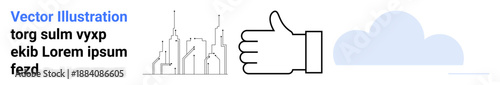 Business decisions, urban development, cloud computing, positive feedback, technology integration, networking. Thumbs up, skyline and cloud design. Business decisions and urban development theme