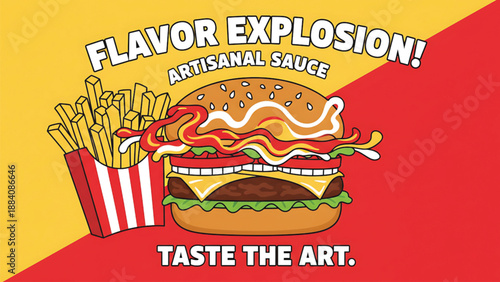 Artisanal Burger with Fries and Sauce on Red Yellow Background