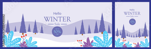 Modern winter sale banner and card vector set with snowy landscape, pine trees and pastel nature elements. Clean minimal style perfect for promotions, web headers, ads, posters and seasonal branding.