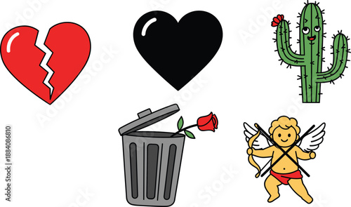 Broken heart and sad valentine icons with cactus and trash can