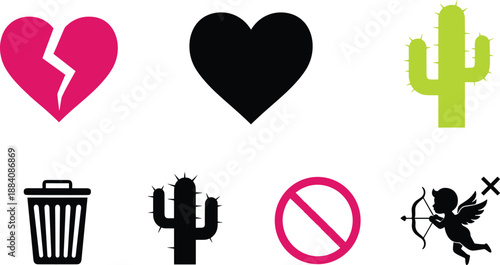 Broken heart icons, trash, cactus and prohibited sign vector art