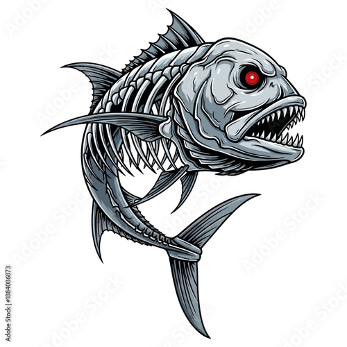 giant trevally skeleton fish with sharp teeth and red eyes vector illustration isolated