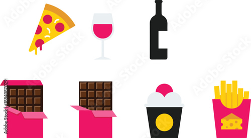 Comfort food vector illustration set with pizza, wine, chocolate and french fries