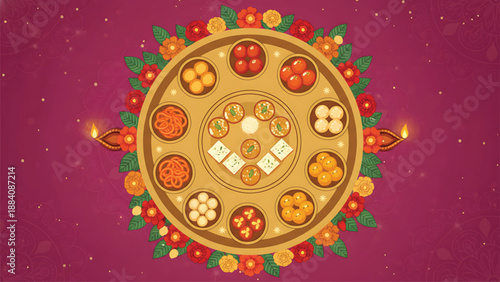 Diwali Thali with Sweets and Diyas on Maroon Background