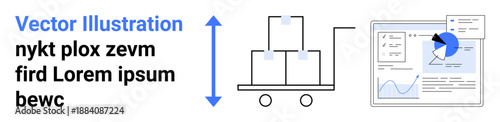 E-commerce, shipping logistics, inventory management, data tracking, business analytics, online platforms. Stacked boxes on cart beside data dashboard. E-commerce and shipping logistics concept