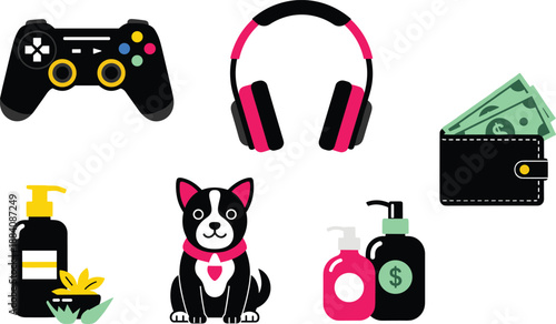 Set of modern electronics personal care products a happy dog and money wallet for lifestyle