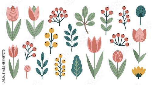 Collection of Various Hand Drawn Flowers.