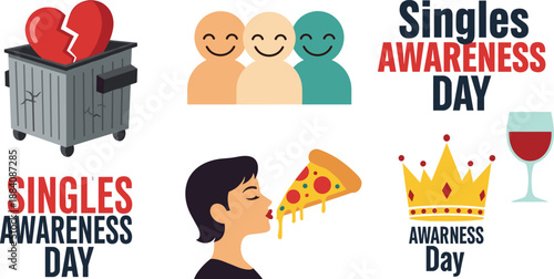 Singles awareness day theme with sad and happy people broken heart and festive elements