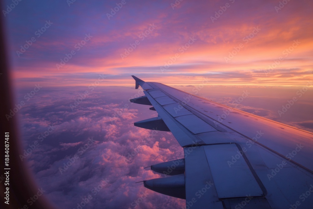 Obraz premium The view of an aeroplane wing in flight at sunset.