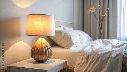 Cozy Bedroom Interior with Bedside Lamp and Soft Lighting.