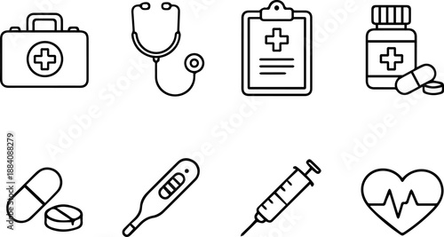 Healthcare icons with medicine, syringe, and tools
