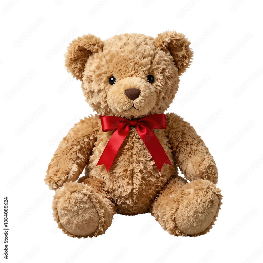 Fototapeta premium Cute teddy bear with red ribbon sitting upright