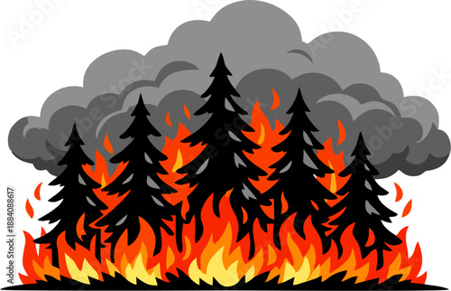Flat Cartoon Vector Forest Fire Scene, Black Silhouette Pine Trees with Expansive Orange Flame Base and Crowning Gray Smoke Clouds