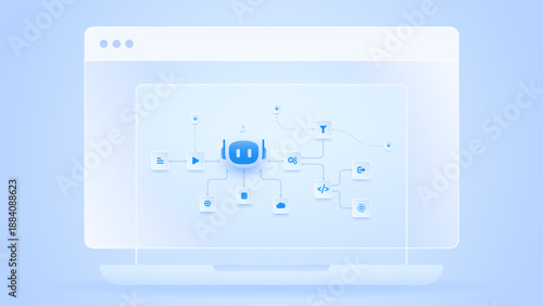 AI workflow automation artificial intelligence. ai agent network diagram dashboard machine learning flow process, coding, filtering and automation system.