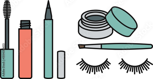 Makeup Cosmetics Set with Eyelashes and Brushes in Teal and Coral