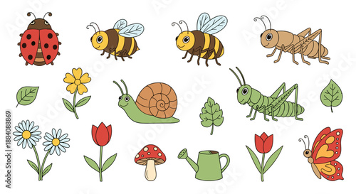 Colorful Cartoon Insects and Garden Elements.