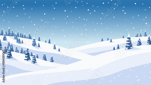 Charming vector illustration of a snowy landscape with rolling hills and pine trees in a gentle snowfall