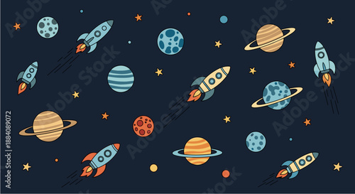 Colorful Cartoon Space Scene with Planets.