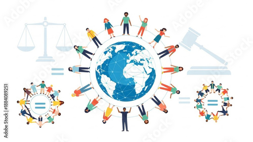 Diverse people unite around the globe for equality and justice symbolizing fairness and human rights