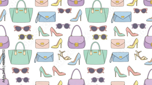 Colorful Handbags, High Heels, and Sunglasses Pattern on White Background