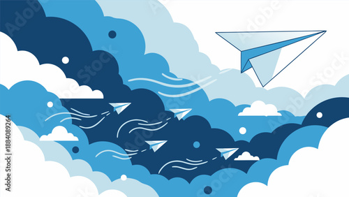 Abstract vector illustration of many paper airplanes flying through stylized clouds, symbolizing dreams and aspirations