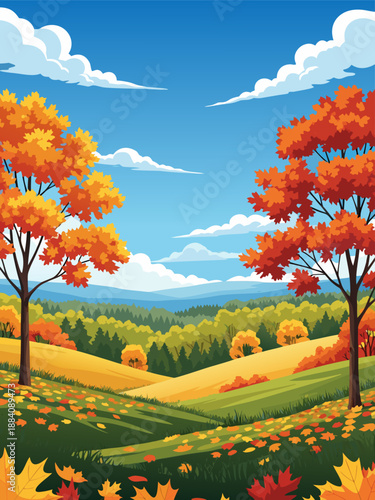 Autumn Landscape Vector Illustration with Colorful Trees and Rolling Hills under a Blue Sky