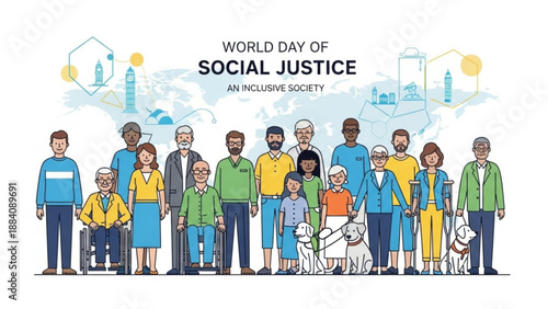Diverse group of people standing together for world day of social justice promoting an inclusive society with a dog