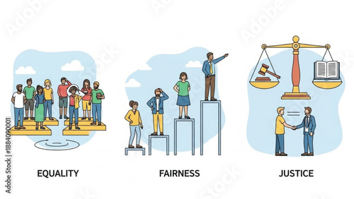 Equality fairness and justice concept illustration with people on platforms and scales balancing law books symbolizing social harmony and legal equity
