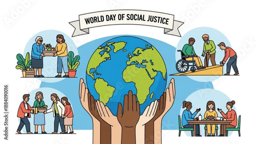 World day of social justice illustration with diverse people helping each other