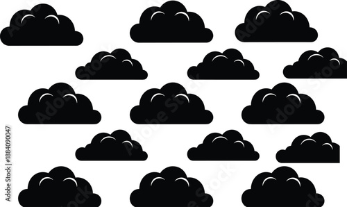 Collection of fluffy black cloud vector silhouettes isolated icons for sky weather forecast and cartoon comic book background design elements.