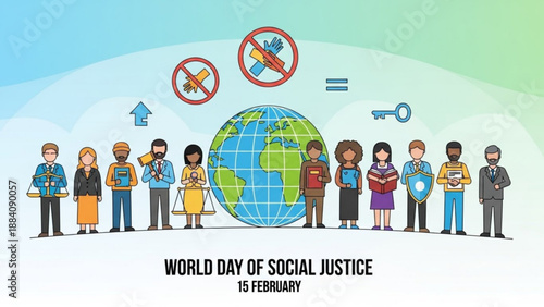 Diverse people stand united for world day of social justice promoting equality and human rights globally on february 15th