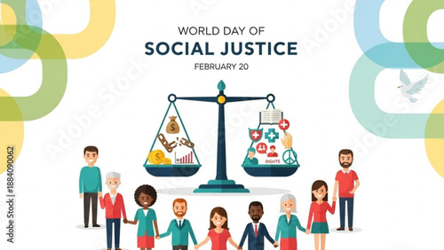 World day of social justice illustration with diverse people holding hands around scales of justice