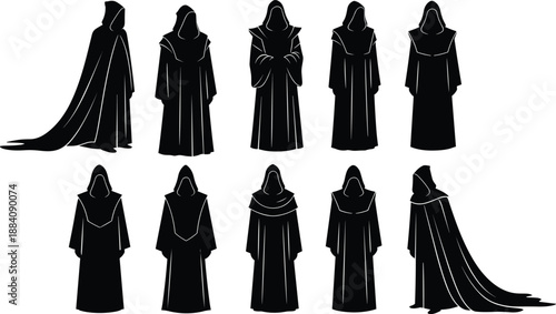 Collection of ten black vector silhouettes of mysterious hooded monks wearing long cloaks, isolated icons for fantasy and halloween design.