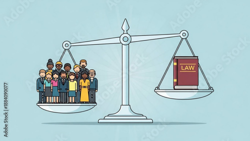 Diverse group of people on one side of a scale versus a law book on the other symbolizing justice and equality in a simple flat design illustration with a light blue background