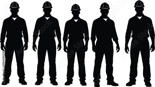 Set of five black vector silhouettes of construction workers wearing hard hats standing isolated for industrial safety and engineering design.