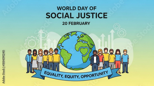 World day of social justice illustration with diverse people globe and equality banner on colorful background