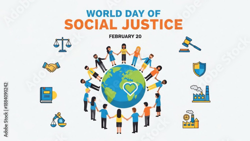 World day of social justice illustration with diverse people holding hands around the earth with a heart surrounded by justice and equality symbols