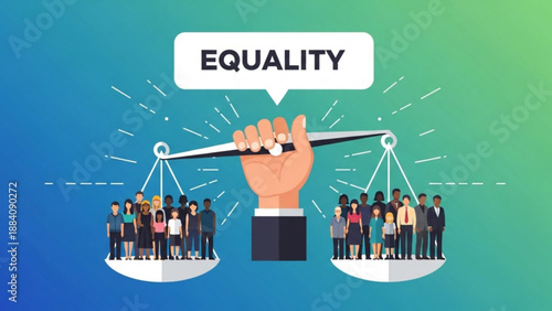 Diverse people on equal scales with hand balancing representing fairness and equality concept