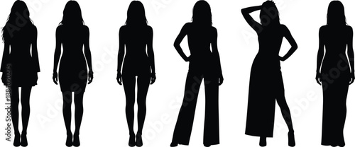 Set of six black vector silhouettes of fashion models, standing women in dresses and pants, isolated female figures for design.
