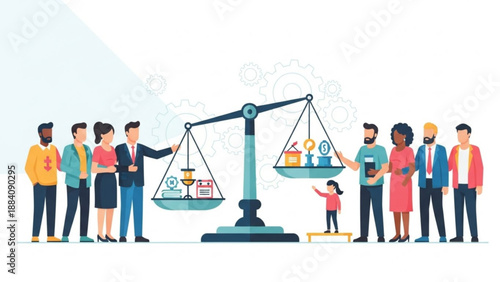 Diverse group of people standing around a scale with money and coins on one side and a child on the other symbolizing fairness and equality in society with a focus on business