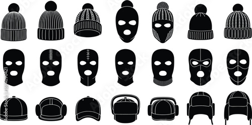 Set of twenty one black vector silhouettes of winter hats, knitted beanies, balaclava ski masks, and warm caps for headwear design.