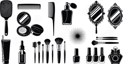 Set of vector beauty icons featuring makeup brushes, perfume bottles, vintage mirrors, combs, and nail polish silhouettes for cosmetic design.