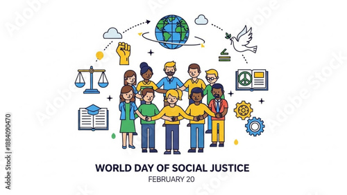 Diverse group of people unite for world day of social justice equality and human rights with globe dove and justice symbols