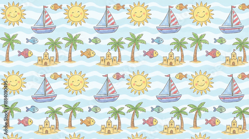 Colorful Seamless Beach Pattern with Sailboats and Palm Trees