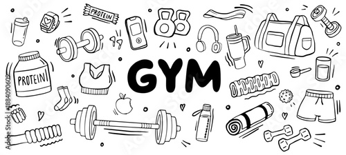 gym fitness doodle illustration – workout training equipment vector collection
